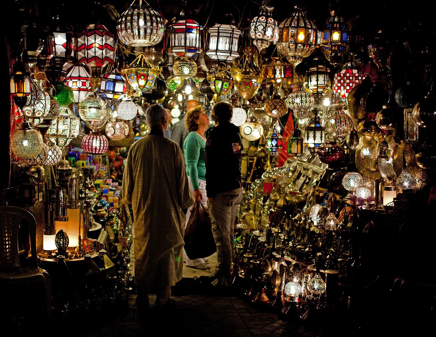 Colorful lanterns in a Marrakech souk